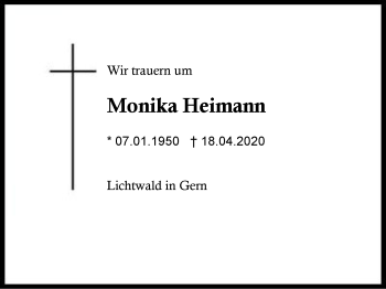 Traueranzeige von Monika Heimann von Region Berchtesgadener Land