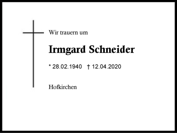 Traueranzeige von Irmgard  Schneider von Region Berchtesgadener Land