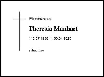 Traueranzeige von Theresia  Manhart von Region Berchtesgadener Land