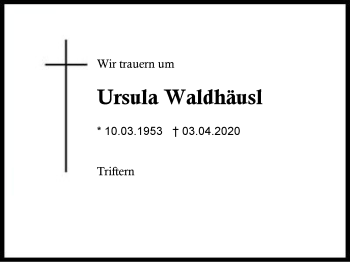 Traueranzeige von Ursula  Waldhäusl von Region Berchtesgadener Land