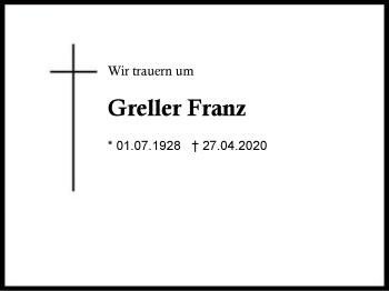 Traueranzeige von Greller Franz von Region Berchtesgadener Land