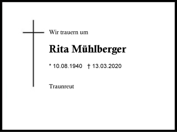 Traueranzeige von Rita  Mühlberger von Region Berchtesgadener Land