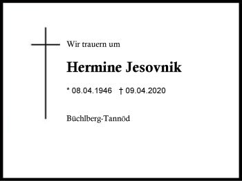 Traueranzeige von Hermine  Jesovnik von Region Berchtesgadener Land