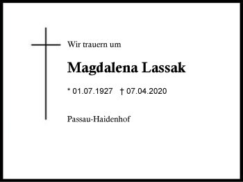 Traueranzeige von Magdalena  Lassak von Region Berchtesgadener Land