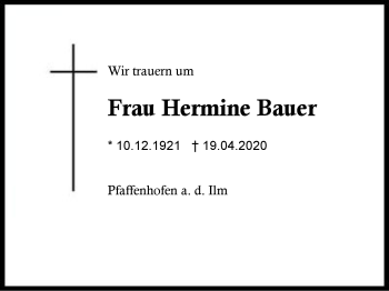 Traueranzeige von Hermine Bauer von Region Berchtesgadener Land
