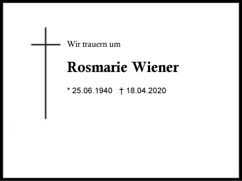 Traueranzeige von Rosmarie Wiener von Region Berchtesgadener Land