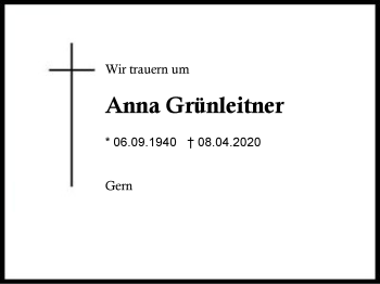 Traueranzeige von Anna  Grünleitner von Region Berchtesgadener Land