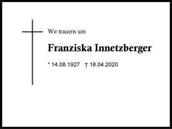 Traueranzeige von Franziska  Innetzberger von Region Berchtesgadener Land