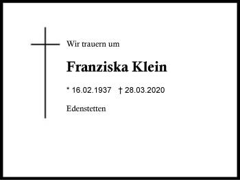 Traueranzeige von Franziska  Klein von Region Berchtesgadener Land