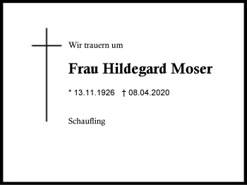 Traueranzeige von Hildegard  Moser von Region Berchtesgadener Land