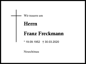 Traueranzeige von Franz  Freckmann von Region Berchtesgadener Land