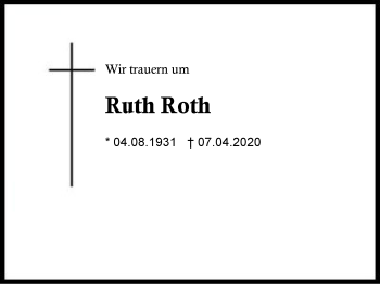 Traueranzeige von Ruth Roth von Region Berchtesgadener Land