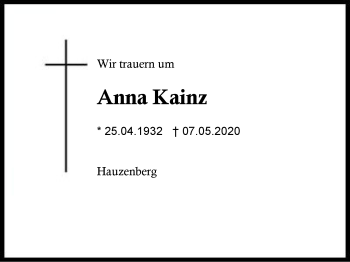 Traueranzeige von Anna Kainz von Region Berchtesgadener Land