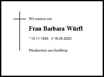 Traueranzeige von Barbara Würfl von Region Berchtesgadener Land