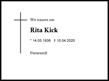 Traueranzeige von Rita  Kick von Region Berchtesgadener Land