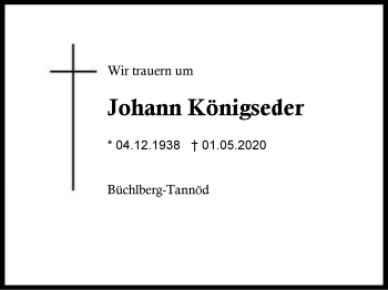 Traueranzeige von Johann Königseder von Region Berchtesgadener Land