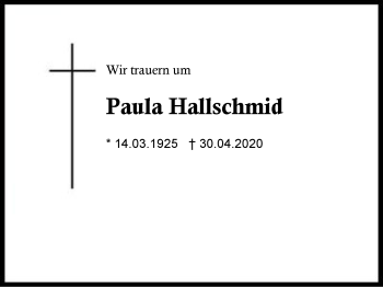 Traueranzeige von Paula Hallschmid von Region Berchtesgadener Land