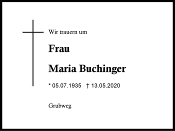 Traueranzeige von Maria  Buchinger von Region Berchtesgadener Land