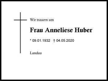 Traueranzeige von Anneliese  Huber von Region Berchtesgadener Land