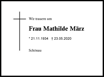 Traueranzeige von Mathilde  März von Region Berchtesgadener Land