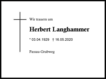 Traueranzeige von Herbert Langhammer von Region Berchtesgadener Land