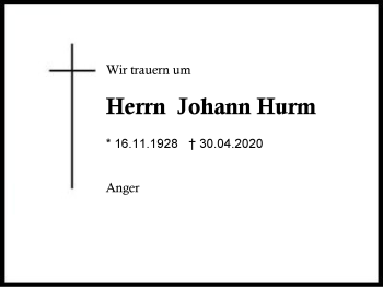 Traueranzeige von Johann Hurm von Region Berchtesgadener Land