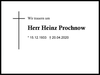 Traueranzeige von Heinz  Prochnow von Region Berchtesgadener Land