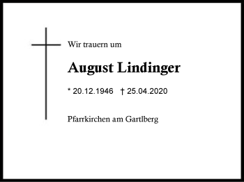 Traueranzeige von August  Lindinger von Region Berchtesgadener Land