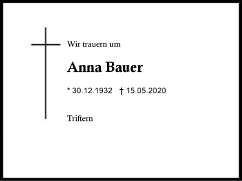 Traueranzeige von Anna  Bauer von Region Berchtesgadener Land