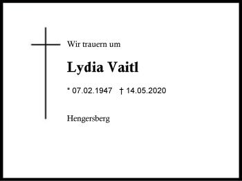 Traueranzeige von Lydia Vaitl von Region Berchtesgadener Land