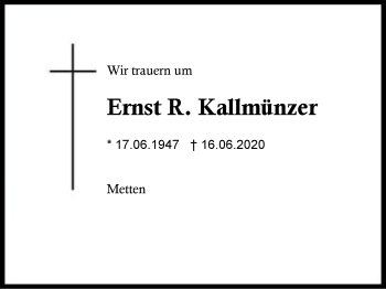 Traueranzeige von Ernst R.  Kallmünzer von Region Berchtesgadener Land