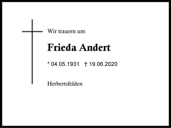 Traueranzeige von Frieda  Andert von Region Berchtesgadener Land