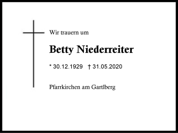 Traueranzeige von Betty Niederreiter von Region Berchtesgadener Land