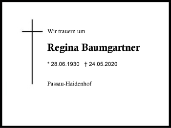 Traueranzeige von Regina Baumgartner von Region Berchtesgadener Land