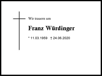 Traueranzeige von Franz Würdinger von Region Berchtesgadener Land