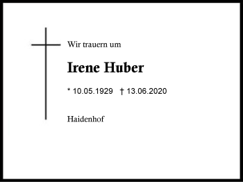 Traueranzeige von Irene Huber von Region Berchtesgadener Land