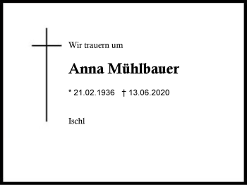 Traueranzeige von Anna Mühlbauer von Region Berchtesgadener Land