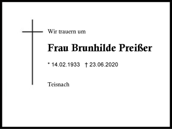 Traueranzeige von Brunhilde  Preißer von Region Berchtesgadener Land