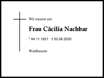 Traueranzeige von Cäcilia Nachbar von Region Berchtesgadener Land