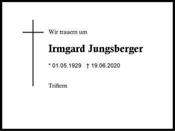 Traueranzeige von Irmgard Jungsberger von Region Berchtesgadener Land