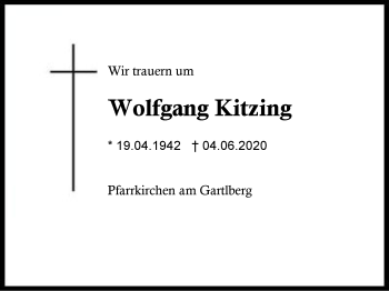 Traueranzeige von Wolfgang Kitzing von Region Berchtesgadener Land