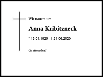 Traueranzeige von Anna  Kribitzneck von Region Berchtesgadener Land