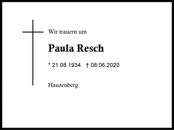 Traueranzeige von Paula Resch von Region Berchtesgadener Land