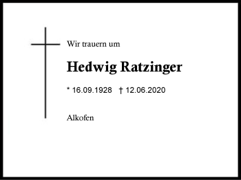 Traueranzeige von Hedwig Ratzinger von Region Berchtesgadener Land