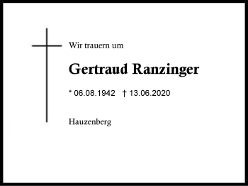 Traueranzeige von Gertraud Ranzinger von Region Berchtesgadener Land