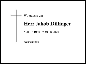 Traueranzeige von Jakob Dillinger von Region Berchtesgadener Land