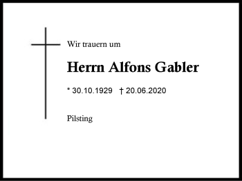 Traueranzeige von Alfons Gabler von Region Berchtesgadener Land