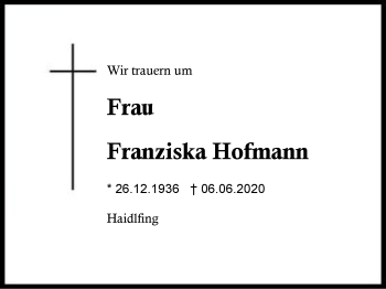 Traueranzeige von Franziska Hofmann von Region Berchtesgadener Land