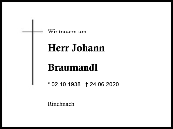 Traueranzeige von Johann Braumandl von Region Berchtesgadener Land