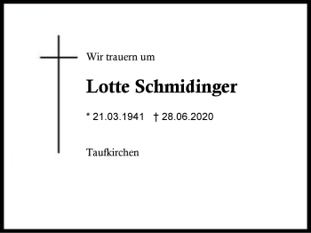 Traueranzeige von Lotte  Schmidinger von Region Berchtesgadener Land